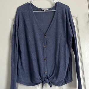 American eagle button up sweater with a tie at the bottom.